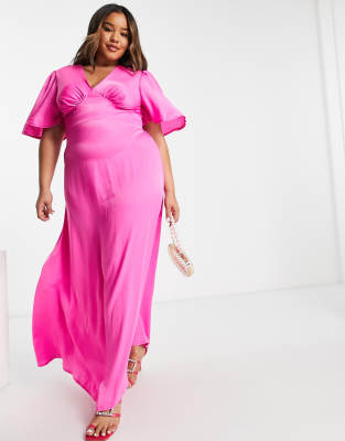 Flounce London Plus flutter sleeve maxi dress with plunge front in hot pink  satin