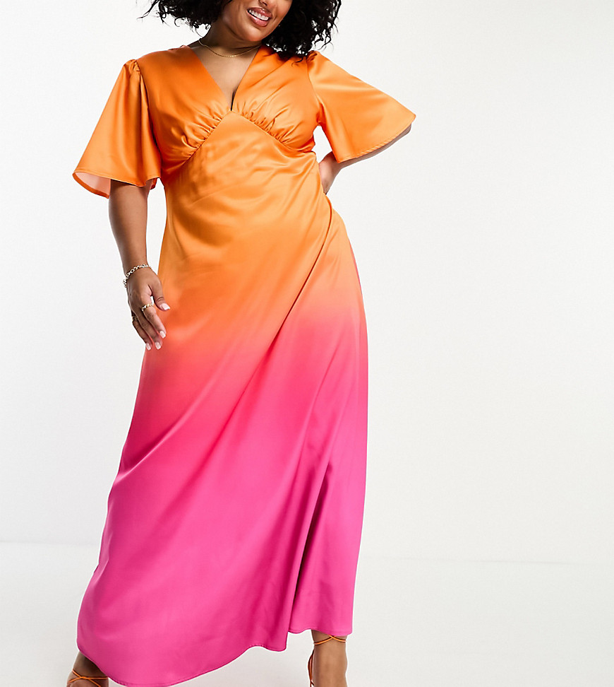 Flounce London Plus flutter sleeve maxi dress with plunge front in ombre pink and orange-Multi