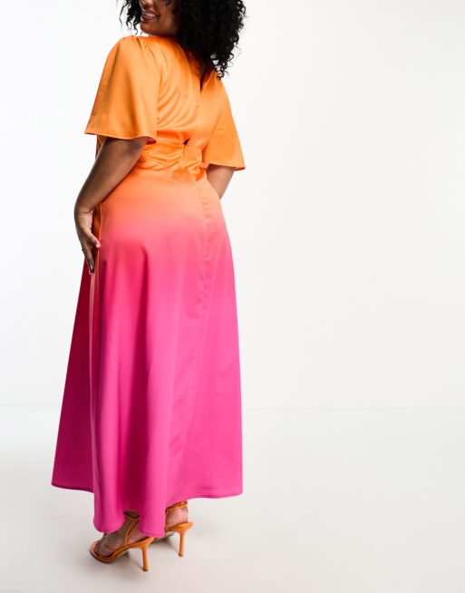 Flounce London long sleeve maxi dress in pink and orange ombre