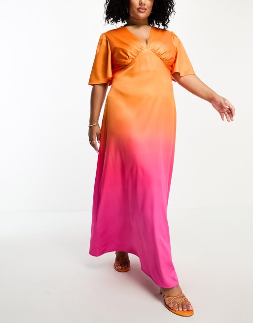 Flounce London Plus flutter sleeve maxi dress with plunge front in ombre  pink and orange