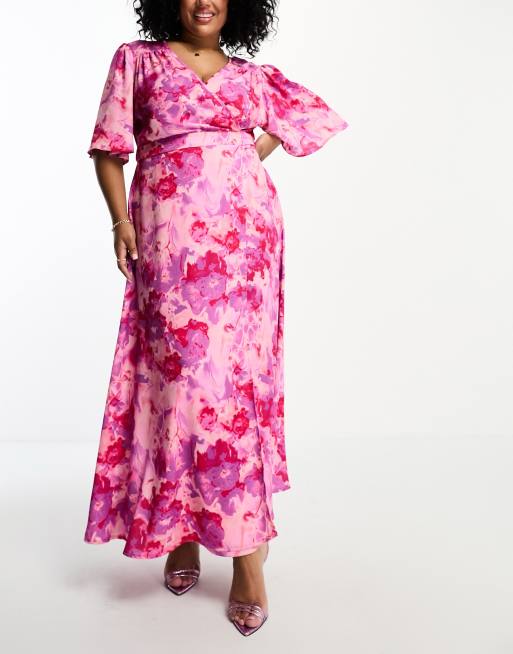 Flounce London Plus flutter sleeve wrap satin midi dress in pink floral | ASOS