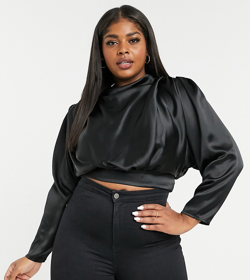 Flounce London Plus gathered satin top with shoulder pads in black