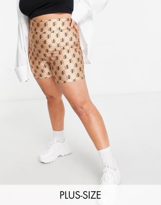 Flounce London Plus Flounce London Plus gym high shine legging short with wide waistband in logo print-Multi