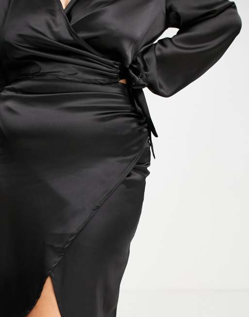 Black satin wrap shop skirt backless midi dress