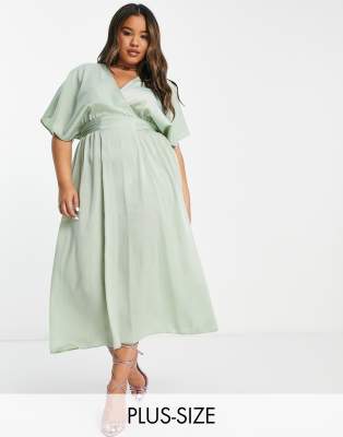 Flounce London Plus Flounce London Plus kimono sleeve midi dress in sage satin-Green