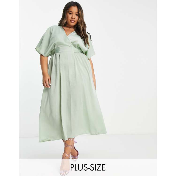 Flounce London Plus kimono sleeve midi dress in sage satin