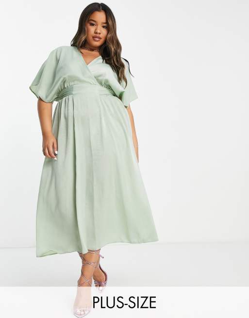 Flounce London Petite satin long sleeve wrap maxi dress in sage, ASOS