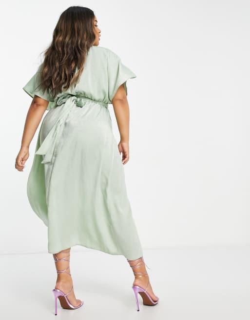 Flounce London Petite satin long sleeve wrap maxi dress in sage, ASOS