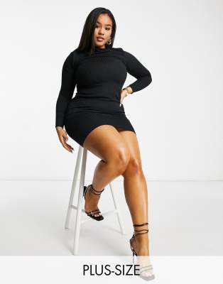Flounce London Plus – Langärmliges Basic-Kleid mit Rollkragen und Rippenstruktur in Schwarz