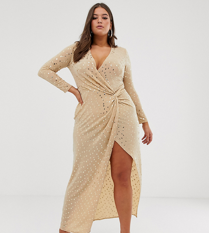Flounce London Plus - Lange jurk met stretch en lovertjes in goud