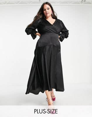 Flounce London Plus long sleeve midi dress in black satin - ASOS Price Checker