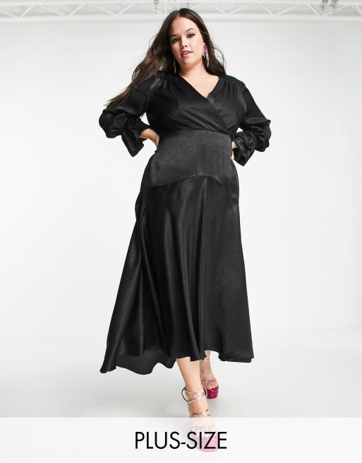 Flounce London Plus long sleeve midi dress in black satin