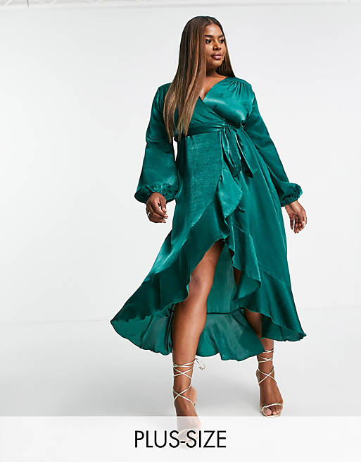 Flounce London Plus long sleeve wrap maxi dress in emerald