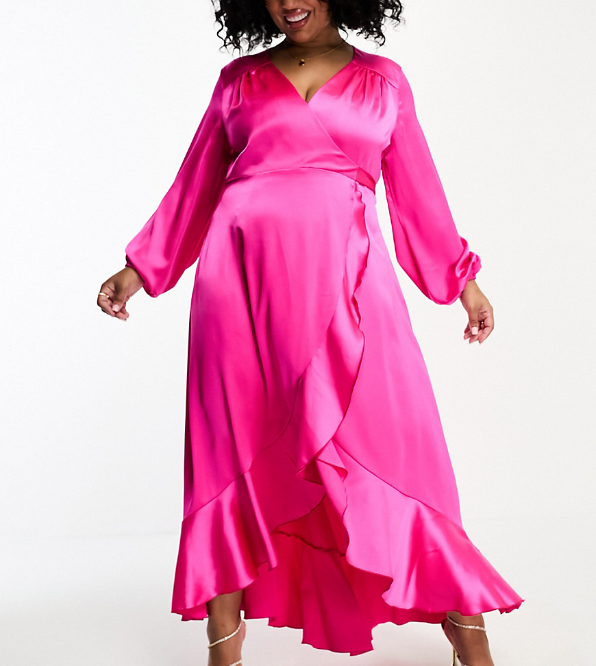 Flounce London Plus long sleeve wrap satin midi dress in fuchsia-Pink