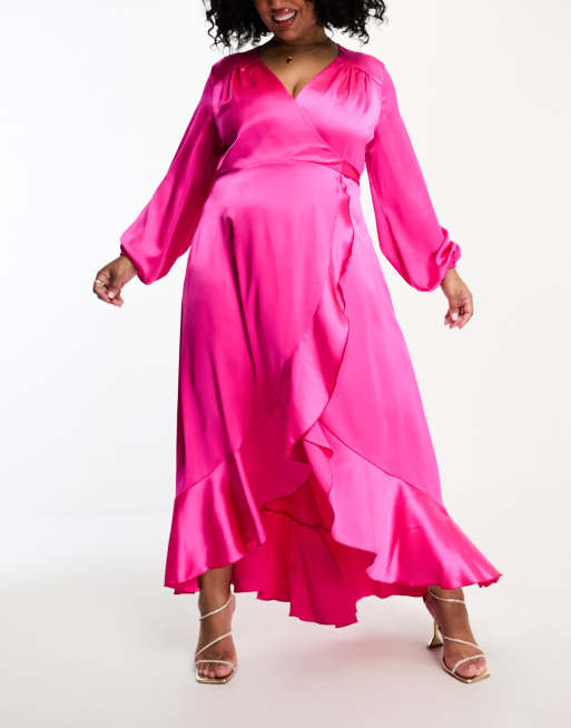 Flounce London flutter sleeve wrap front satin maxi dress in fuchsia pink