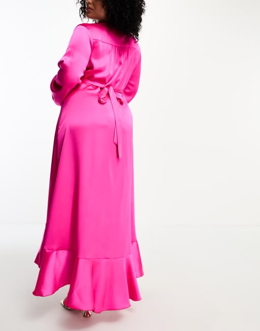 Flounce London satin long sleeve wrap maxi dress in blush pink