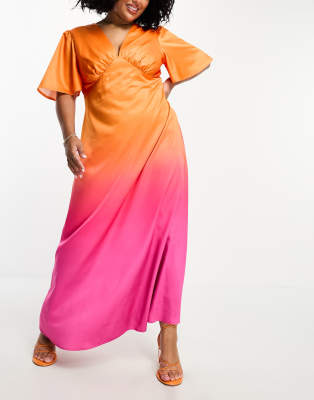 Flounce London Plus - Maxikleid mit Flatterärmeln, tiefem Ausschnitt und Farbverlauf in Rosa und Orange-Bunt