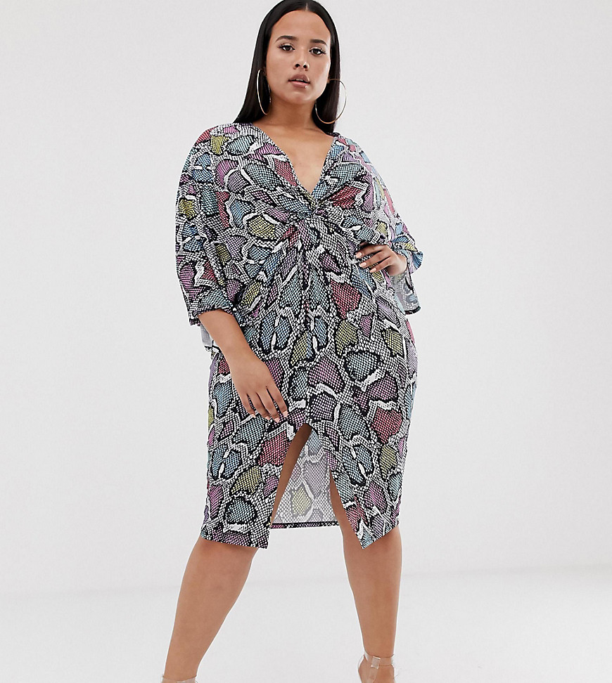 Flounce London Plus - Midi-jurk met gedraaide voorkant en gekleurde dierenprint-Multi