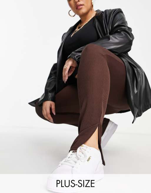 Flounce London Plus narrow ribbed leggings with side split in chocolate