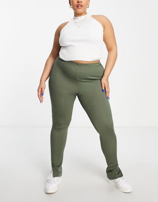 Plus Khaki Ribbed Leggings, Plus Size