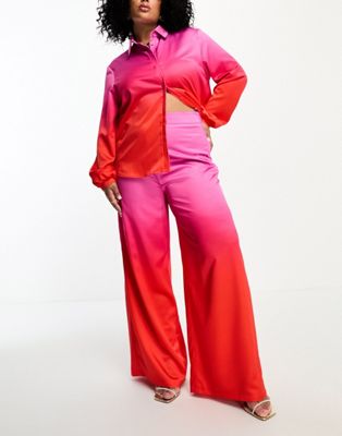 Flounce London Plus pleated wide leg satin trousers in pink and red ombre