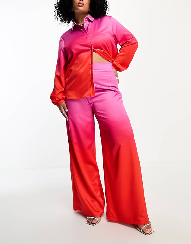Flounce London Plus - pleated wide leg satin trousers in pink and red ombre