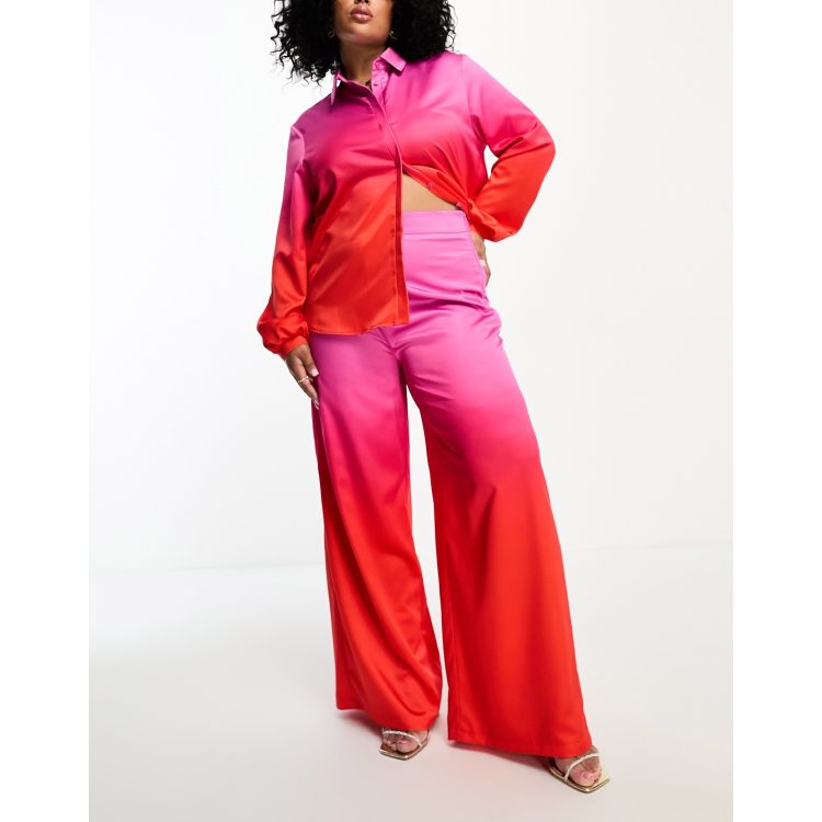 Women Pink Satin Pleated Wide Leg Pants