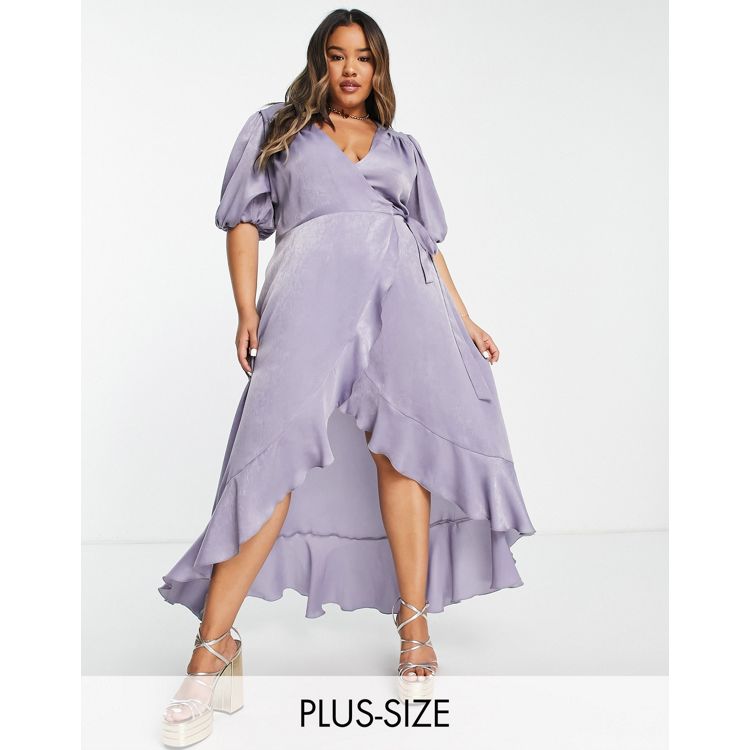 Flounce London Plus puff sleeve maxi wrap dress in light blue satin