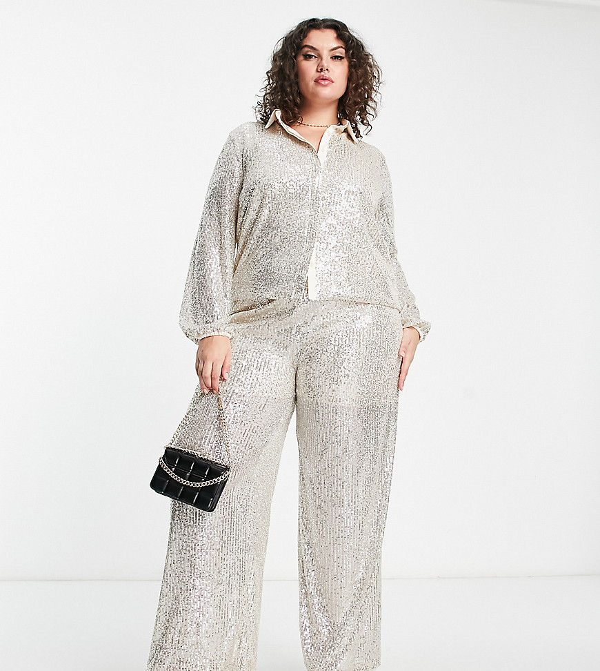 Flounce London Plus relaxed shirt in silver metallic sparkle - part of a set