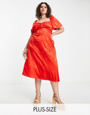 Flounce London Plus satin flutter sleeve midi dress in red jacquard  - ASOS Price Checker