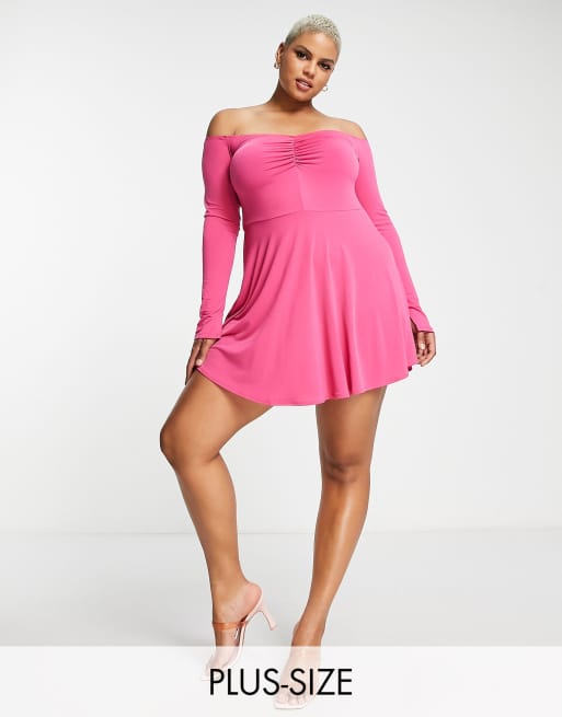 Flounce London Plus - Robe patineuse à encolure Bardot - Cerise 