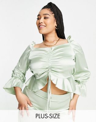 Flounce London Plus satin ruched front blouse in dusty sage co-ord