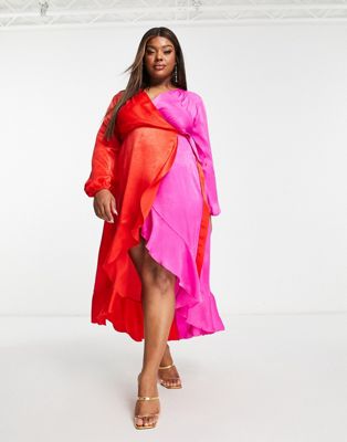 Flounce London Plus satin balloon sleeve ruffle midi dress in contrast pink and red