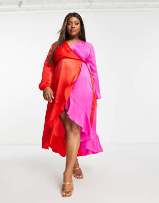 Flounce London Plus satin balloon sleeve ruffle midi dress in contrast pink and red