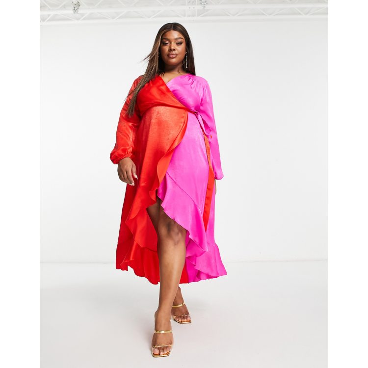 Flounce London Plus satin balloon sleeve ruffle midi dress in contrast pink  and red