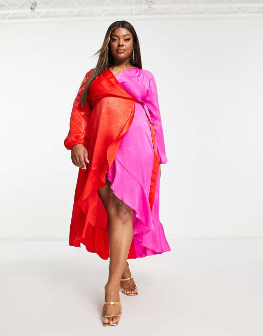 Flounce London Plus satin balloon sleeve ruffle midi dress in contrast pink  and red