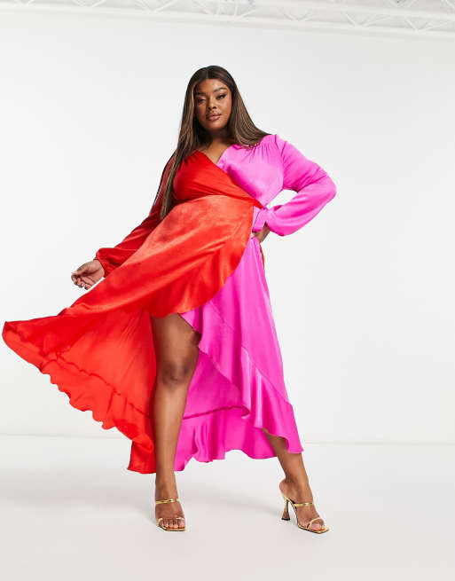 Flounce London Plus satin balloon sleeve ruffle midi dress in