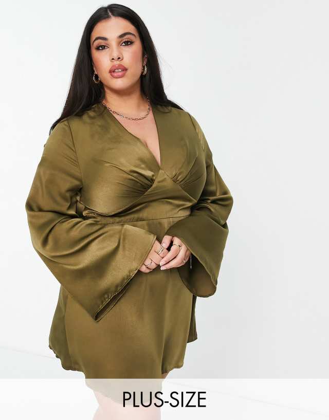 Flounce London Plus satin boho wide sleeve mini dress in khaki