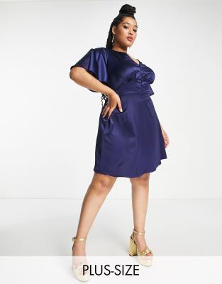 Flounce London Plus Flounce London Plus satin flutter sleeve mini dress in navy