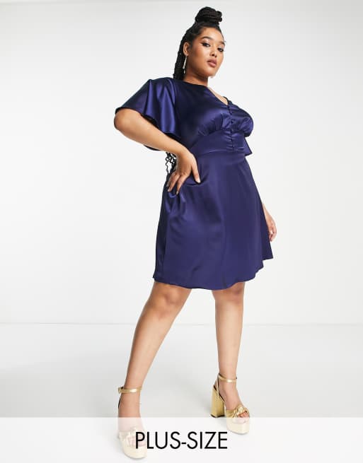 Flounce London Plus satin flutter sleeve mini dress in navy | ASOS