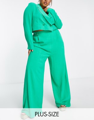 Flounce London Plus satin high waist wide leg trousers in bold green co-ord