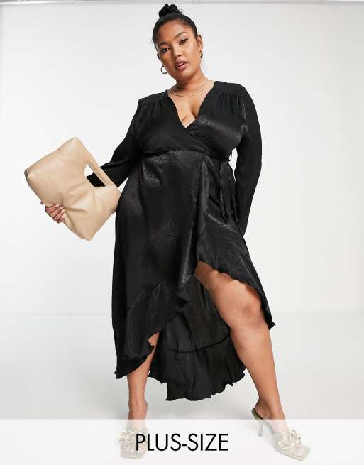 Black Wrap Front Satin Maxi Dress