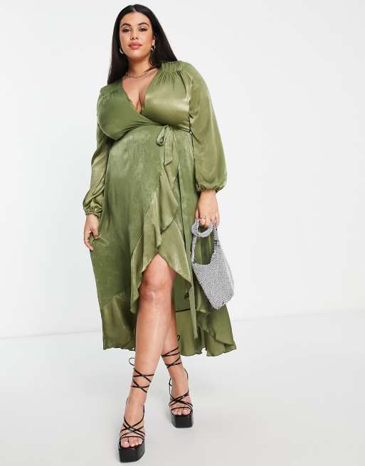 Flounce London Plus satin long sleeve wrap maxi dress in khaki