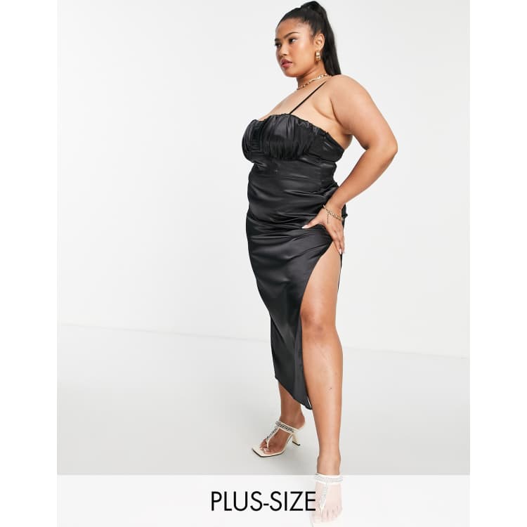Flounce London Plus satin midi dress with ruched cup detail in black | ASOS
