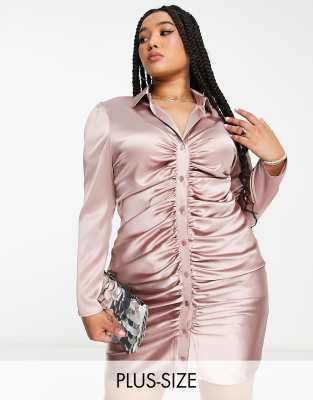 Flounce London Plus Satin Ruched Bodycon Mini Shirt Dress In Heather Rose-pink