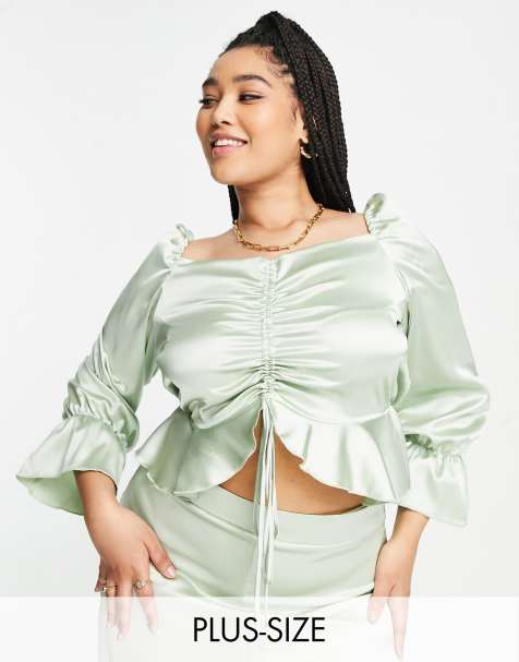 Flounce London Plus satin ruched front blouse in dusty sage co-ord - view 1