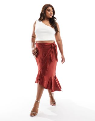 Flounce London Plus Flounce London Plus satin wrap midaxi skirt in rust-Brown