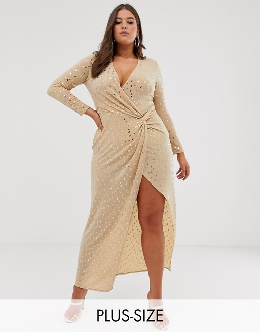 Flounce London Plus sequin stretch maxi dress in gold