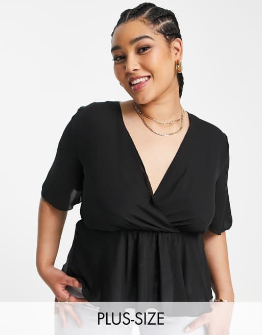 Flounce London Plus Short Sleeve basic plunge peplum top in black