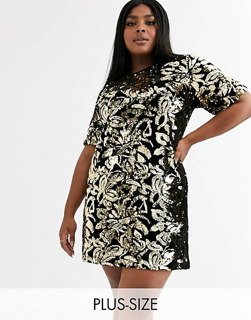 Flounce London Plus – T-Shirt-Kleid mit Pailletten in Bronze | ASOS